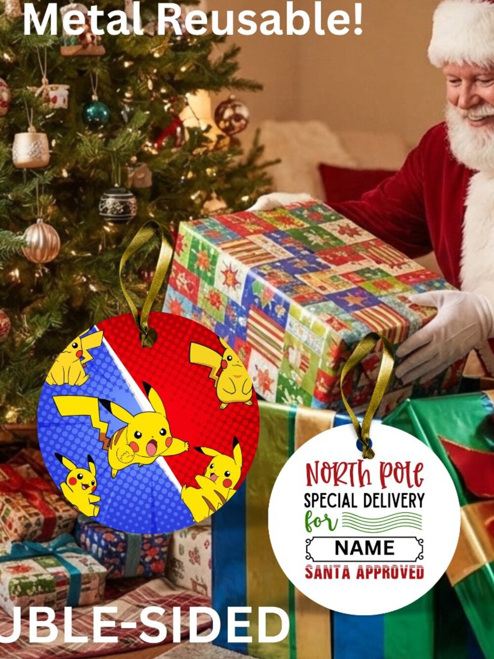 Pokemon Santa Reusable Metal Christmas Tag Personalized.